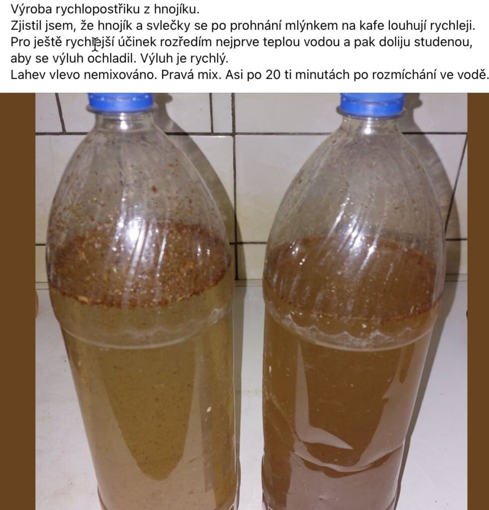 Dávkování 2 Rozmíchávání výluhu Hnojíku v kyblících