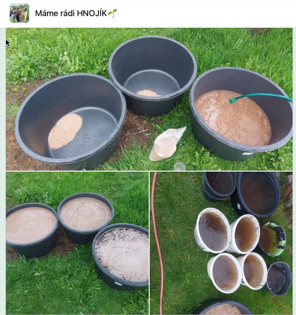 Dávkování 1 Odležený výluh Hnojíku v nádobách připravený na zálivku stromů